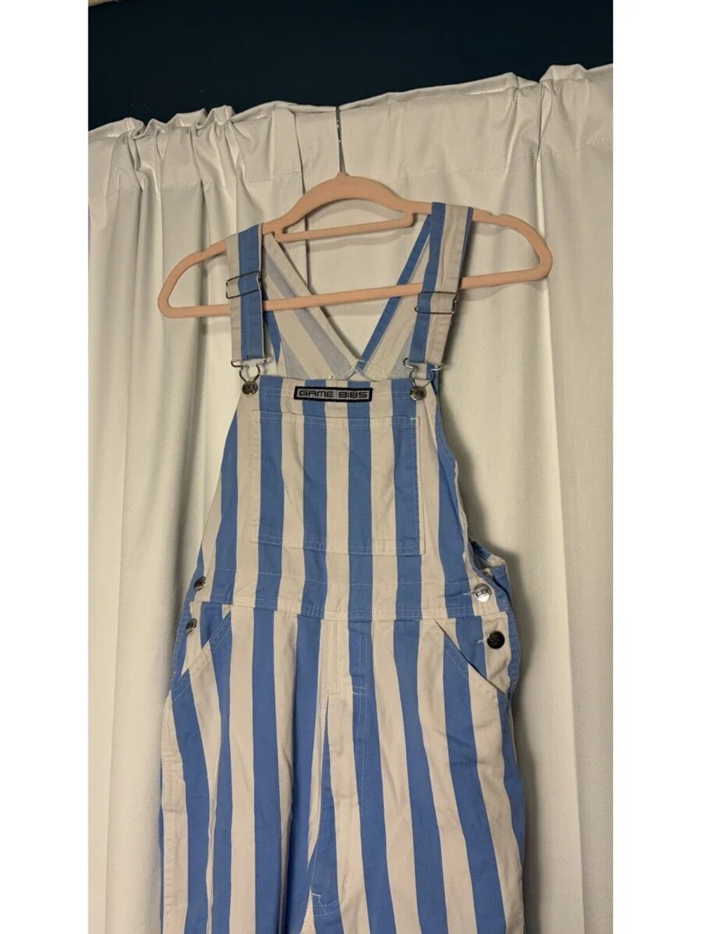 Game Bibs Adult Light Blue/ White College  Stripes Overalls Size Small $70